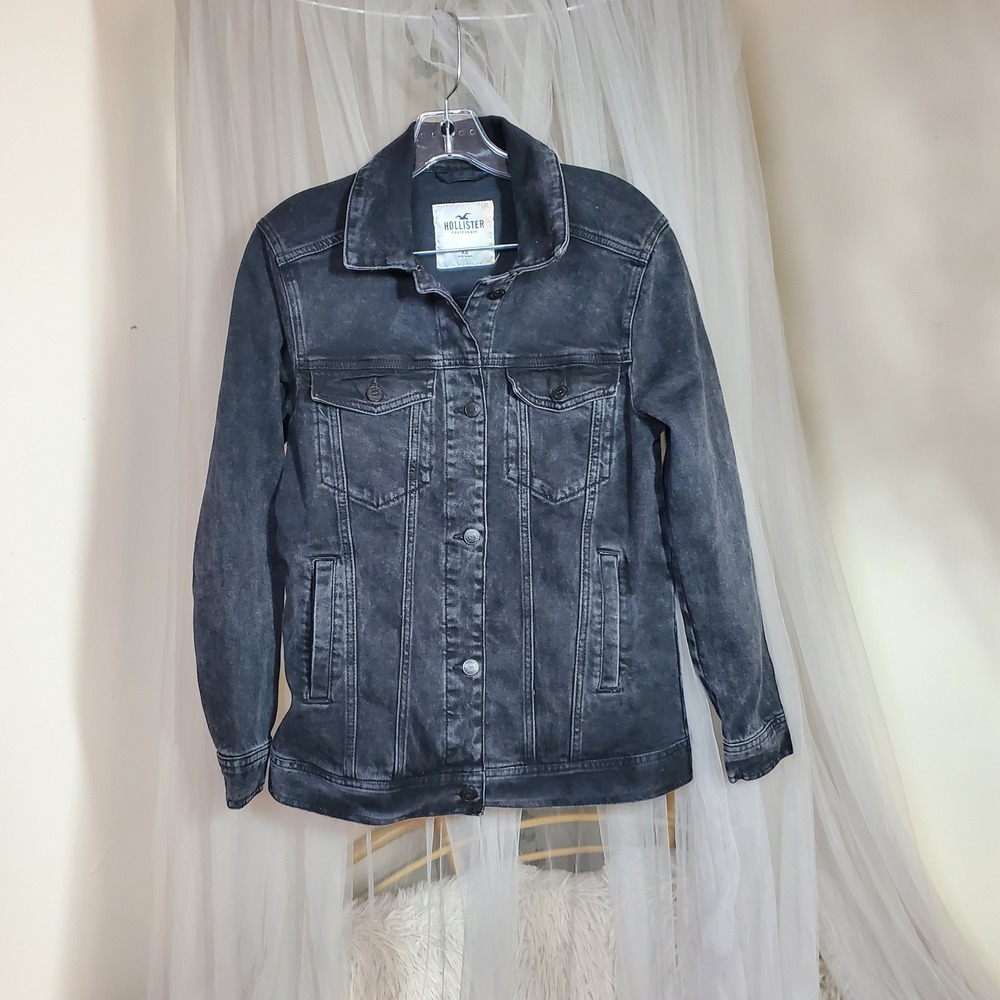 Hollister Mens Denim Trucker Jacket Washed Black Acid Wash XS Stretch Rocker